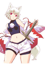  adapted_costume animal_ears bare_shoulders bike_shorts bike_shorts_under_shorts blush cl_(h-sys.) commentary_request detached_sleeves female highres inubashiri_momiji midriff navel no_headwear pom_pom_(clothes) red_eyes short_hair short_shorts shorts simple_background sleeveless solo sword tail touhou weapon white_background white_shorts wide_sleeves wolf_ears wolf_tail 