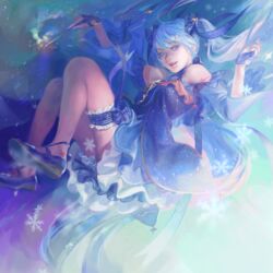  ahoge aqua_eyes aqua_hair aqua_nails arm_up armpit_peek arms_at_sides bare_shoulders blue_bow blue_choker blue_dress blue_footwear blue_skirt bow bow_choker bridal_garter camelopardalis_(constellation) camisole casting_spell choker commentary constellation constellation_print cross-laced_footwear detached_sleeves dress dress_shoes earrings female fingerless_gloves flats floating footwear_bow frilled_dress frills gloves hair_ornament hairbow hairclip hand_up hatsune_miku highres holding jewelry layered_skirt layered_sleeves legs legs_up lips long_hair looking_at_viewer magic nail_polish nose open_mouth petticoat pleated_skirt polka_dot polka_dot_skirt realistic ribbon ribbon_choker shoes skirt smile snowflakes solo spaghetti_strap sparkling_eyes star_(symbol) star_earrings star_hair_ornament star_night_snow_(vocaloid) striped_bow striped_ribbon teeth tunapon01 twintails very_long_hair vocaloid wand white_skirt wide_sleeves yuki_miku yuki_miku_(2017) 