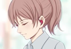  bad_id bad_pixiv_id blurry blurry_background brown_hair closed_eyes closed_mouth collared_shirt commentary crying eyelashes female from_side grey_shirt headphones hearing_aid koe_no_katachi miura-n315 nishimiya_shouko nose ponytail profile shirt short_hair solo streaming_tears tears upper_body wing_collar 