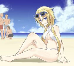  3boys barefoot beach bikini blonde_hair blue_eyes borrowed_character breasts cloud commentary_request day eyewear_on_head female full_body hair_over_shoulder himekawa_hinari leg_lift long_hair looking_at_viewer low_twintails medium_breasts multiple_boys original outdoors pointing shiro_maru smile solo_focus sunglasses swimsuit twintails underboob 