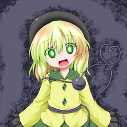  commentary_request female glowing glowing_eyes green_eyes green_hair hat heart komeiji_koishi looking_at_viewer oden_(th-inaba) open_mouth short_hair smile solo third_eye touhou 