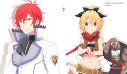  2boys absurdres black_bow black_bra black_gloves blonde_hair blue_eyes bow bra breasts cleavage closed_eyes copyright_name crossed_arms dark-skinned_male dark_skin felt_(re:zero) female gloves groin hair_between_eyes hairbow hand_on_head highres looking_at_viewer midriff multiple_boys navel oerba_yun_fang official_art photoshop_(medium) ponytail re:zero_kara_hajimeru_isekai_seikatsu red_eyes red_hair red_scarf reinhard_van_astrea rom_(re:zero) sakai_kyuuta scarf sheath sheathed short_hair simple_background small_breasts stomach strapless strapless_bra sword underwear uniform weapon white_background 