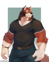  4:5 anthro belt bottomwear broad_shoulders canid canine canis clothing coffeline echo_(game) echo_(series) echo_project fur hi_res leo_alvarez male mammal muscular muscular_arms neck_tuft pants red_body red_fur shirt solo stocky tight_clothing tight_shirt tight_topwear topwear tuft wolf 