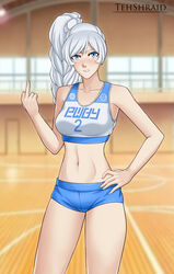  absurdres alternate_costume angry artist_name bare_shoulders blue_buruma blue_eyes blurry blurry_background blush braid braided_ponytail breasts buruma clenched_teeth collarbone copyright_name female gym gym_uniform hand_on_own_hip hand_up high_side_ponytail highres indoors jersey long_hair looking_at_viewer medium_breasts middle_finger midriff navel number_print rwby scar scar_across_eye scar_on_face snowflake_print solo sports_bra stomach teeth tehshraid thighs two-tone_sports_bra v-shaped_eyebrows weiss_schnee white_hair white_sports_bra 