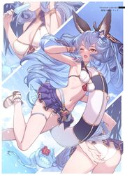  absurdres adjusting_clothes adjusting_swimsuit animal_ears armpits ass beppo_(granblue_fantasy) bikini bikini_skirt blue_hair blush bracelet breasts brown_eyes day erune female ferry_(granblue_fantasy) ferry_(summer)_(granblue_fantasy) flower food fugee_(granblue_fantasy) granblue_fantasy hair_flower hair_ornament high_heels highres holding holding_food innertube jewelry leg_up long_hair looking_at_viewer medium_breasts navel one_eye_closed open_mouth outdoors popsicle sandals simple_background skirt smile solo stomach strappy_heels swim_ring swimsuit thigh_strap thighs toeless_footwear yellowpaint. 