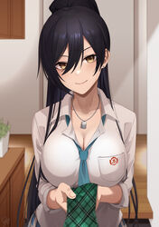  black_hair breast_pocket breasts cleavage closed_mouth collarbone collared_shirt commentary_request dog_tags earrings female hair_between_eyes high_ponytail highres idolmaster idolmaster_shiny_colors indoors ironatsuki jewelry large_breasts long_hair looking_at_viewer necktie pocket ponytail pov school_uniform shirase_sakuya shirt smile solo stud_earrings upper_body very_long_hair white_shirt yellow_eyes 