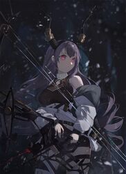  arknights bare_shoulders black_dress bow_(weapon) closed_mouth coat commentary compound_bow cowboy_shot dress drill_hair expressionless female grey_coat gu0st highres holding holding_bow_(weapon) holding_weapon horns horns_removed laser_sight long_hair long_sleeves looking_to_the_side off_shoulder purple_eyes purple_hair short_dress sleeveless sleeveless_dress snowing solo tree typhon_(arknights) very_long_hair weapon 