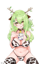  :q absurdres animal_ears animal_print antlers bell bikini black_nails braid breasts ceres_fauna cleavage cow_ears cow_horns cow_print cow_print_bikini drinking_straw female flower french_braid green_hair hair_flower hair_ornament highres hololive hololive_english horns juice_box large_breasts long_hair lucferz midriff nail_polish navel neck_bell print_bikini print_thighhighs simple_background solo swimsuit thighhighs tongue tongue_out virtual_youtuber white_background yellow_eyes zettai_ryouiki 