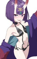  absurdres bob_cut breasts commentary fate/grand_order fate_(series) female highres horns japanese_clothes kimono looking_at_viewer navel oerba_yun_fang oni open_mouth petite purple_eyes purple_hair purple_kimono qusouzu_mogari short_hair shuten_douji_(fate) simple_background skin-covered_horns skin_fang small_breasts smile solo standing thick_eyebrows thighs white_background 