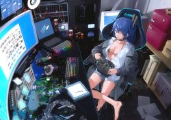  3d_background absurdres alternate_costume barefoot bikini black_bikini blue_hair blue_shorts box breasts cable can cardboard_box chair cleavage collared_shirt commentary_request commission computer computer_keyboard computer_mouse controller crossed_legs desk dr_pepper drawing_tablet drink_can drone female game_controller gamepad girls&#039;_frontline grey_jacket highres holding holding_screwdriver ibm indoors jacket k11_(girls&#039;_frontline) laptop looking_at_viewer looking_to_the_side looking_up medium_breasts minifridge mixed_media monitor mousepad_(object) multiple_monitors nighttsound open_clothes open_jacket pixiv_commission product_placement purple_eyes refrigerator screwdriver shirt shoes shorts single_shoe sitting soda_can solo speaker stylus swimsuit thinkpad white_shirt 