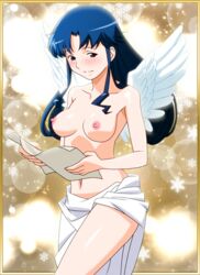  1990s_(style) blue_eyes blue_hair blush border breasts cowboy_shot feathered_wings female fujiwara_aya holding holding_paper long_hair medium_breasts navel nipples non-web_source official_art paper retro_artstyle smile snowflake_background solo super_real_mahjong tanaka_ryou topless white_wings wings 