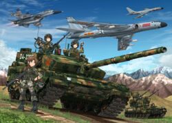  3girls aircraft anti-aircraft_gun assault_rifle black_hair blue_eyes brown_hair bullpup cloud commentary_request day grass green_eyes gun h-6 h-6k helmet highres long_hair machine_gun md5_mismatch mikeran_(mikelan) military military_uniform military_vehicle motor_vehicle mountain multiple_girls original outdoors people&#039;s_liberation_army pgz-80 qbz-95 qbz-95b red_eyes rifle short_hair sky smile tank tank_helmet type_99_tank uniform weapon 