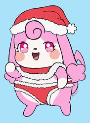  2018 chibi christmas christmas_clothing christmas_headwear clothed clothing cocotama digital_media_(artwork) featureless_limbs female hat headgear headwear hi_res himitsu_no_cocotama holidays melory multicolored_body open_mouth pink_body pink_eyes pyritie santa_hat semi-anthro solo tan_body two_tone_body 