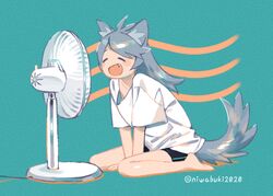  :d ^_^ animal_ear_fluff animal_ears antenna_hair aqua_background arm_support bad_id bad_tumblr_id bare_legs barefoot between_legs bike_shorts black_shorts blue_hair blush_stickers cat_ears cat_girl cat_tail closed_eyes collarbone commentary_request electric_fan fan_speaking female from_side full_body hand_between_legs hand_fan happy long_hair niwabuki no_nose noshime_ruka oerba_yun_fang open_mouth original shirt short_sleeves shorts simple_background sitting smile solo swept_bangs tail twitter_username wariza white_shirt wind 