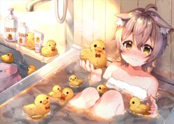  ahoge animal_ear_fluff animal_ears annin_miru bare_shoulders bath bath_stool bathing bathtub blush brown_eyes brown_hair closed_mouth collarbone commentary_request female hair_between_eyes hands_up holding knees_up looking_at_viewer naked_towel nose_blush partially_submerged rubber_duck shampoo_bottle short_hair sitting smile solo stool towel usagihime virtual_youtuber yahoo! 