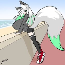  1:1 animal_humanoid ass beach big_breasts black_sclera bottomwear breasts canid canid_humanoid canine canine_humanoid clothing female footwear fox_humanoid fuyumi_(zedrin) green_eyes green_hair grey_hair hair hi_res huge_breasts humanoid hyper hyper_breasts looking_back mammal mammal_humanoid multicolored_hair one_eye_obstructed open_mouth sand seaside shadow shirt shoes shorts signature smile solo tail text topwear water zedrin 