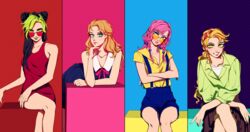  4girls bad_id bad_pixiv_id battle_tendency black_hair blonde_hair blue_eyes braid cone_hair_bun crossed_arms crossed_legs double_bun earrings erina_pendleton green_eyes green_hair green_lips hair_bobbles hair_bun hair_down hair_ornament highres hirose_yasuho jewelry jojo_no_kimyou_na_bouken jojolion kujo_jolyne long_hair multicolored_hair multiple_girls phantom_blood pink_hair purple_eyes sempon_(doppio_note) shorts stone_ocean sunglasses suspender_shorts suspenders suzi_q two-tone_hair 