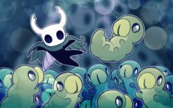  2022 absurd_res ambiguous_gender arthropod caterpillar crownedvictory glistening glistening_eyes grub_(hollow_knight) hi_res hollow_knight insects larva simple_background solo team_cherry the_knight_(hollow_knight) 