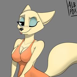  1:1 albinefox anthro big_breasts black_nose blue_eyes breasts canid canine eyeshadow female fox fur hi_res makeup mammal one_eye_closed simple_background solo white_body white_fur wink 