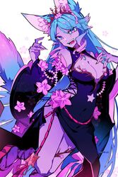  :d animal_ear_fluff animal_ears artist_name black_kimono blue_eyes blue_hair branch breasts cherry_blossom_print cherry_blossoms cleavage cleavage_cutout clothing_cutout commentary commission covered_navel english_commentary female floral_print flower flower-shaped_pupils hair_flower hair_ornament hand_on_own_chest highres hip_vent japanese_clothes kimono large_breasts long_hair looking_at_viewer multicolored_hair multicolored_tail nail_polish navel oerba_yun_fang open_mouth par0llel pink_hair pink_nails silvervale silvervale_(sakura_goddess) smile solo streaked_hair symbol-shaped_pupils tail virtual_youtuber vshojo wolf_ears wolf_girl wolf_tail 