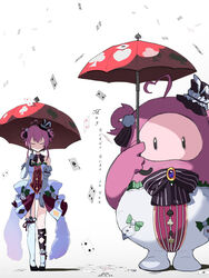  1other absurdres ahoge asymmetrical_legwear bizarre_rain black_footwear black_headwear card chinese_commentary closed_eyes corrupted_metadata cosplay double_bun dress elbow_gloves english_text fall_guy fall_guys female gloves hair_bun hat heart heart_ahoge highres holding holding_umbrella hololive hololive_china mini_hat mismatched_legwear parody pink_hair smile spade_echo spade_echo_(cosplay) tonari_no_totoro totoro_bus_stop umbrella virtual_youtuber white_dress white_gloves zoe-zuoyi 