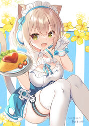  :d animal_ears bare_shoulders blue_skirt blush breasts brown_eyes cat_ears cherry_tomato cleavage collar commentary_request detached_collar feet_out_of_frame female flower food frilled_skirt frills gloves guild_cq hair_between_eyes hands_up headphones headset heart highres holding holding_tray itou_yuna knees_up light_brown_hair looking_at_viewer medium_breasts natsuki_marina omelet omurice open_mouth plate pleated_skirt shirt sitting skirt smile solo striped striped_background thighhighs tomato tray vertical_stripes virtual_youtuber white_collar white_flower white_gloves white_shirt white_thighhighs wing_collar yellow_flower 