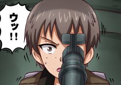  brown_eyes brown_hair close-up commentary female freckles girls_und_panzer highres motion_lines naomi_(girls_und_panzer) omachi_(slabco) open_mouth saunders_military_uniform short_hair solo surprised sweatdrop tank_interior translated very_short_hair 