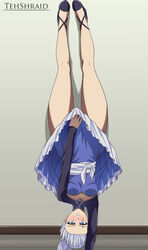  absurdres artist_name bare_legs blue_dress blue_eyes blush braid braided_ponytail breasts clenched_teeth covering_crotch covering_privates dress dress_tug english_commentary female frilled_dress frills handstand highres long_hair long_sleeves looking_at_viewer lycoris_challenge_(meme) lycoris_recoil medium_breasts meme one_arm_handstand rwby sash scar scar_across_eye scar_on_face shoes short_dress solo teeth tehshraid thighs upside-down v-shaped_eyebrows weiss_schnee white_hair 