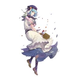  basket blue_eyes blue_hair breasts dress female fire_emblem fire_emblem_echoes:_shadows_of_valentia fire_emblem_heroes flower full_body hakou_(barasensou) highres holding layered_dress long_dress medium_breasts official_art one_eye_closed parted_lips petals purple_socks shoes short_hair short_sleeves silque_(fire_emblem) silque_(valentine)_(fire_emblem) socks solo striped torn_clothes transparent_background vertical_stripes 