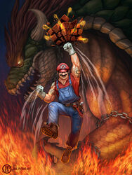  3:4 absurd_res anthro blue_clothing blue_overalls boots bowser chains clothing coin destroying_object dragon duo facial_hair fighting_pose fire fist footwear hat headgear headwear hi_res human jake_pleshe_art koopa male mammal mario mario_bros mario_calimocho moustache muscular muscular_anthro muscular_male mythological_creature mythological_scalie mythology nintendo overalls pose raised_arm raised_fist red_clothing red_eyes red_hat red_headwear scalie signature tattoo 