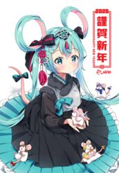  2020 animal animalization arami_o_8 black_dress blonde_hair blue_bow blue_eyes blue_hair blush bow braid brown_hair chinese_zodiac circle_skirt commentary dress female hair_ornament hair_rings happy_new_year hatsune_miku highres holding holding_animal kagamine_len kagamine_rin kaito_(vocaloid) long_hair long_sleeves megurine_luka meiko_(vocaloid) mouse_(animal) mouse_tail multicolored_hair nengajou new_year pink_hair pleated_dress red_bow signature solo tail tail_bow tail_ornament twintails two-tone_hair very_long_hair vocaloid white_background year_of_the_rat yellow_bow 