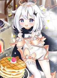  asymmetrical_legwear blue_eyes cape dress female food genshin_impact halo highres lighter-than-air_pancake_(genshin_impact) looking_at_viewer nyanyanoruru paimon_(genshin_impact) pancake plate romper saliva scarf short_hair sparkle sparkling_eyes star-shaped_pupils star_(symbol) stove symbol-shaped_pupils uneven_legwear white_dress white_hair white_romper wood-burning_stove 