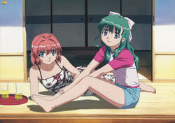  2girls barefoot blue_eyes bow day dress drink floral_print green_hair hairbow highres long_hair looking_at_viewer lying medium_hair miyafuji_miina multiple_girls non-web_source official_art on_side onegai_twins onodera_karen raglan_sleeves red_hair scan short_sleeves shorts sitting sliding_doors smile tray 