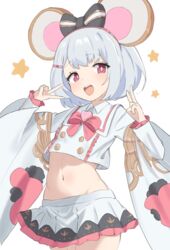  :d absurdres animal_ears black_bow bow commentary double_v female granblue_fantasy grey_hair hairbow highres looking_at_viewer midriff mouse_ears mouse_girl navel open_mouth qusouzu_mogari red_eyes short_hair simple_background skirt smile solo star_(symbol) teeth thighs upper_teeth_only v vikala_(granblue_fantasy) white_background white_skirt white_sleeves wide_sleeves 