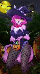  anthro bat breasts candy candy_pail cleavage clothed clothing countershade_face countershade_torso countershading dessert detailed_background digital_media_(artwork) eyewear female fishnet_clothing fishnet_legwear food front_view fruit full-length_portrait fur glasses green_eyes hair hair_over_eye halloween hat headgear headwear heterochromia hi_res holidays jack-o&#039;-lantern kneeling leaf legwear looking_at_viewer mammal moon mustelid night one_eye_obstructed otter outside pede_snowmew pink_body pink_countershading pink_fur pink_hair plant portrait pumpkin pumpkin_patch scarf shaded solo witch_hat yellow_eyes yonachka_doki 