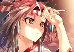  akane_harurou brown_hair closed_mouth cloud female hachimaki hair_ribbon headband japanese_clothes kantai_collection light_particles long_sleeves ponytail portrait ribbon shading_eyes sky solo zuihou_(kancolle) 