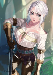  absurdres breasts brown_pants ciri cleavage elbow_gloves female gloves green_eyes highres jewelry kagematsuri leather leather_gloves leather_pants lips looking_at_viewer medium_breasts necklace no_bra pants scar scar_across_eye shirt solo standing sword the_witcher_(series) weapon white_hair white_shirt witcher_medallion 