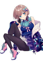  absurdres bare_shoulders black_legwear blue_bow blue_dress blue_eyes blue_jacket blue_shirt blue_skirt blush boots bow braid breasts brown_hair closed_mouth commentary_request cross-laced_footwear dress female full_body hair_ornament hairbow hairclip head_tilt headphones headphones_around_neck highres ivan_wang jacket knees_up lace-up_boots long_sleeves medium_breasts nijisanji off_shoulder open_clothes open_jacket pink_bow pink_footwear pleated_skirt puffy_long_sleeves puffy_sleeves purple_bow shirt short_hair simple_background skirt sleeveless sleeveless_shirt sleeves_past_wrists smile solo suzuhara_lulu suzuhara_lulu_(5th_costume) virtual_youtuber white_background x_hair_ornament 