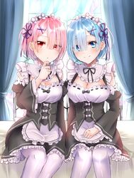  2girls absurdres blue_eyes blue_hair blue_ribbon blush breasts chii_(sbshop) cleavage commentary_request detached_sleeves dress frills hair_ornament hair_over_one_eye hair_ribbon highres indoors looking_at_viewer maid maid_headdress medium_breasts multiple_girls pink_eyes pink_hair pink_ribbon ram_(re:zero) re:zero_kara_hajimeru_isekai_seikatsu red_eyes rem_(re:zero) ribbon roswaal_mansion_maid_uniform short_hair siblings sisters sitting smile thighhighs twins white_legwear x_hair_ornament 