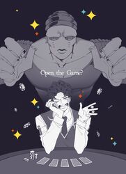  2boys bad_id bad_pixiv_id card daniel_j._d&#039;arby facial_hair greyscale hat highres jojo_no_kimyou_na_bouken male_focus monochrome moustache multiple_boys necktie one_eye_closed osiris_(stand) playing_card poker_chip poker_table sempon_(doppio_note) stand_(jojo) stardust_crusaders table tattoo vest waistcoat 