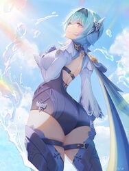  absurdres artist_name ass back bare_back black_hairband blue_cape blue_gloves blue_hair blue_sky boots cape chest_harness closed_mouth clothing_cutout cloud commentary_request cowboy_shot day eula_(genshin_impact) female from_below genshin_impact gloves grabbing_own_thigh hairband hand_on_own_chest harness high-waist_shorts highres juuhachi_kin_(anthonyy1821) long_sleeves looking_at_viewer looking_back medium_hair shorts shoulder_cutout skindentation sky solo splatter sunlight thigh_boots thighs water white_sleeves wide_sleeves yellow_eyes 