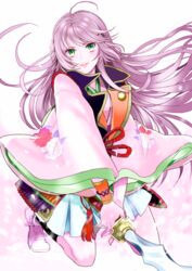  cherry_blossoms female floral_print full_body green_eyes harukanaru_toki_no_naka_de harukanaru_toki_no_naka_de_3 holding holding_sword holding_weapon japanese_clothes jobo_(isi88) kasuga_nozomi kneeling lips long_hair long_sleeves looking_at_viewer parted_lips purple_hair shoes sneakers solo sword teeth weapon white_background white_footwear wide_sleeves 