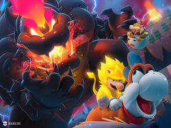  black_body blue_eyes bowser bowser&#039;s_fury bowser_jr. brush facial_hair fire fury_bowser glowing glowing_eyes green_eyes hair human iammarcpi junior_clown_car koopa male mammal mario mario_bros moustache multicolored_body nintendo orange_body paintbrush pawpads plant plessie raining red_hair reptile scalie size_difference super_mario_3d_world tree turtle two_tone_body video_games white_body 