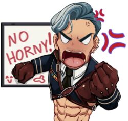  1boy abs anger_vein bara chibi chibi_only clenched_hand ear_piercing elijah_antaios english_text fairytale_police_hoe_department gloves idoraad looking_at_viewer male_focus meme multiple_piercings muscular muscular_male necktie no_horny_(meme) open_mouth piercing solo teeth thick_eyebrows tongue transparent_background upper_body whiteboard 