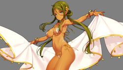  ashoka_(eiyuu_senki) bikini bracelet breasts choker commentary_request cowboy_shot dark-skinned_female dark_skin eiyuu_senki eiyuu_senki_ww female green_eyes green_hair grey_background hair_ornament highres jewelry large_breasts long_hair low_twintails navel official_art oyari_ashito parted_bangs side-tie_bikini_bottom simple_background solo standing swimsuit twintails very_long_hair 