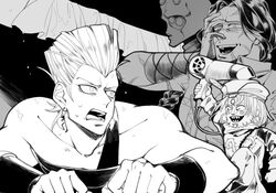  3boys bad_id bad_pixiv_id crawling devo doll earrings ebony_devil flattop greyscale hair_dryer hand_on_own_face hat jean_pierre_polnareff jewelry jojo_no_kimyou_na_bouken monochrome multiple_boys scar sempon_(doppio_note) stand_(jojo) stardust_crusaders under_bed 