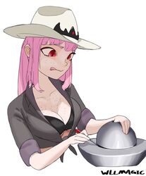  alternate_costume artist_name bra breasts cleavage collarbone cosplay cowboy_hat demon_core female freckles hat holding holding_screwdriver hololive hololive_english licking_lips long_hair looking_at_object louis_slotin louis_slotin_(cosplay) mori_calliope pink_hair real_life red_eyes screwdriver shirt simple_background sleeves_rolled_up tied_shirt tongue tongue_out tools underwear virtual_youtuber white_background wllmagic 