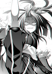  akane_harurou chromatic_aberration commentary female floating_hair greyscale hachimaki hair_ribbon hakama hakama_shorts headband highres incoming_attack japanese_clothes kantai_collection leg_lift leg_up long_hair long_sleeves looking_at_viewer monochrome muneate ponytail ribbon shaded_face sharp_teeth shorts simple_background smile solo split standing standing_on_one_leg standing_split teeth wide_sleeves zuihou_(kancolle) 