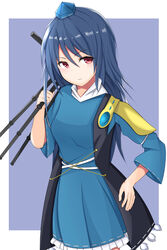  blue_background blue_dress blue_hair blue_hat border breasts closed_mouth commentary_request cowboy_shot dark_blue_hair dress female hair_between_eyes hand_on_own_hip hand_up hat holding holding_tripod iizunamaru_megumu light_blush light_smile long_hair looking_at_viewer mari_(tmpf8578) medium_breasts pink_eyes simple_background sleeves_past_elbows solo tokin_hat touhou tripod very_long_hair white_border 