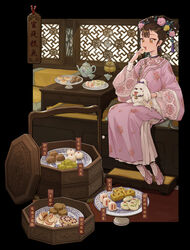  absurdres bamboo_steamer brown_eyes cake_stand canine censer chinese_clothes commentary_request coney cup dalachi_(headdress) dim_sum dress earrings eating female flower food food_request gaiwan hair_flower hair_ornament highres incense_burner jewelry leaf long_sleeves lv_dagun octagon open_mouth original pastry photoshop_(medium) pink_dress pink_flower pink_footwear plate qing_dynasty shih_tzu sitting smile solo sweets table tassel teacup teapot translation_request white_dog wide_shot wide_sleeves yellow_flower 